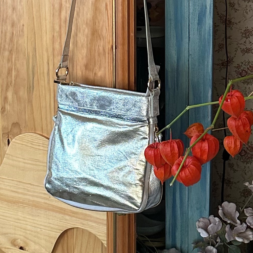 Joseph Ribcoff Silver/Gold Vegan Crossbody Expandable Bag (1” to 3”), $65